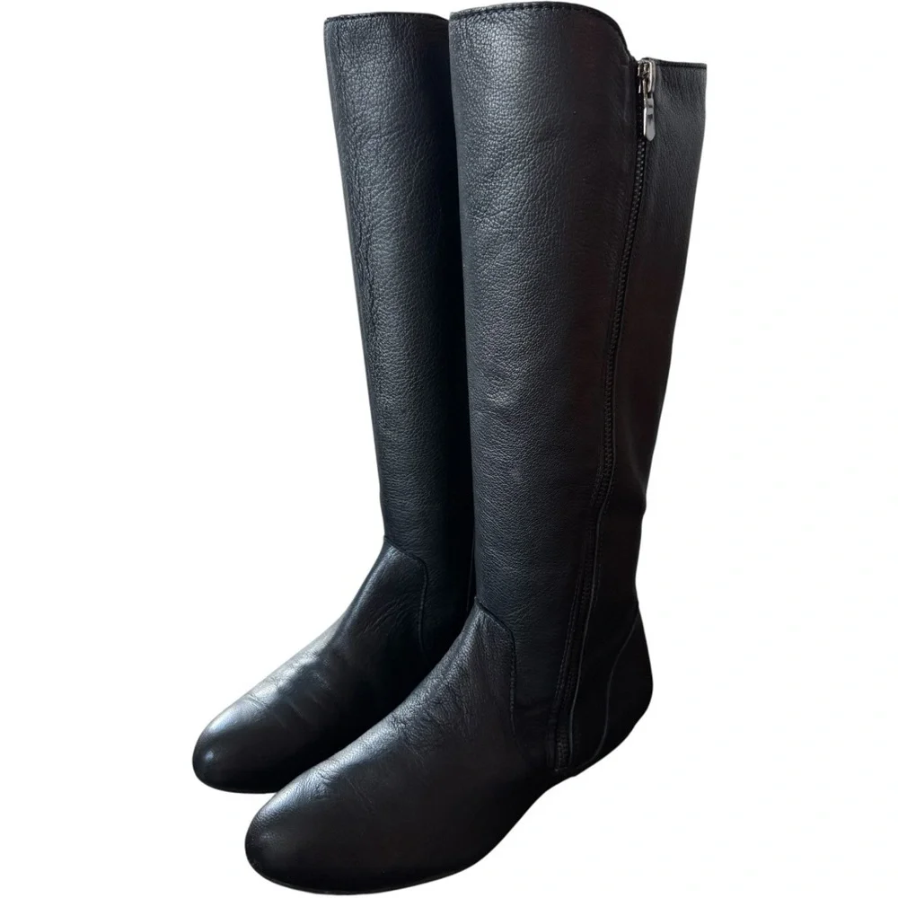 GIANNI BINI Soft Black Leather Knee High Flat Riding Boots Tall Zip Women's 7.5